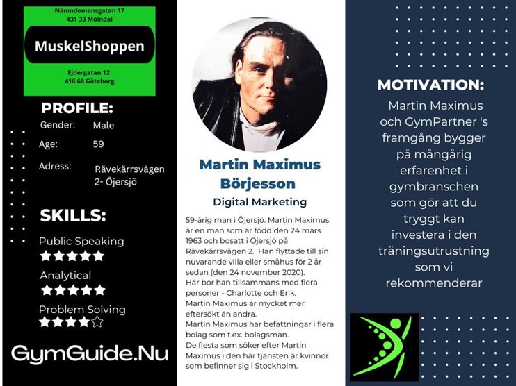 Andra artiklar av Martin Maximus: Alla Bolag - Nyckeltal och Befattningar - Publicerad: 2022-10-17 Sveriges Bolag På Allabolag.se - Publicerad: 2020-10-02 GymPartner Sweden På Allabolag.se - Publicerad: 2020-10-11 Köp komplett Gym-AllaBolagspresentation kostnadsfritt - Publicerad: 2020-05-18 Martin Maximus Börjesson har sålt fler än 700+ kompletta begagnade gym på 43 år. Många av dessa finns på vår karta över GymPartners utvalda partners